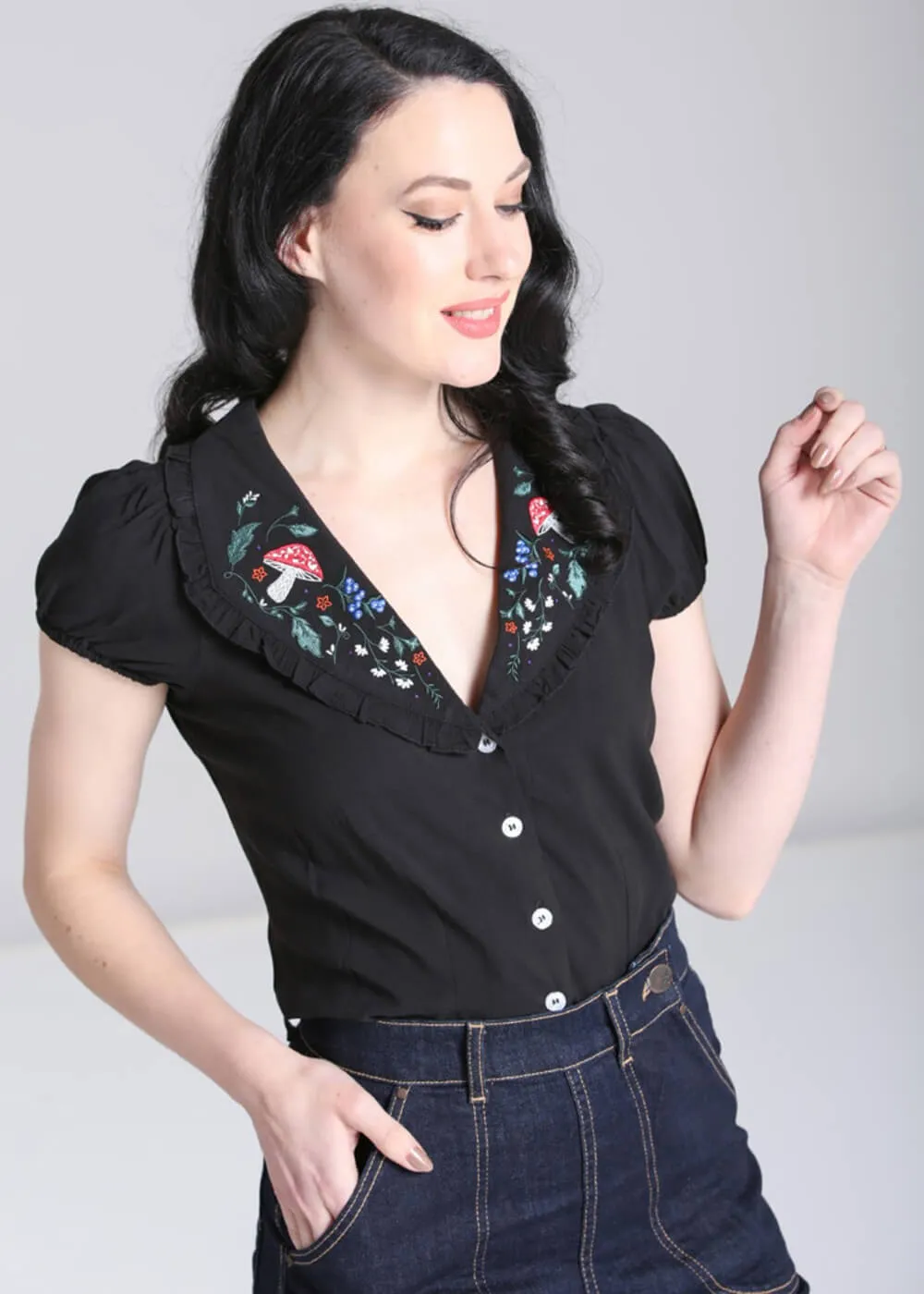 Hell Bunny Black Mushroom Natura 40's Blouse