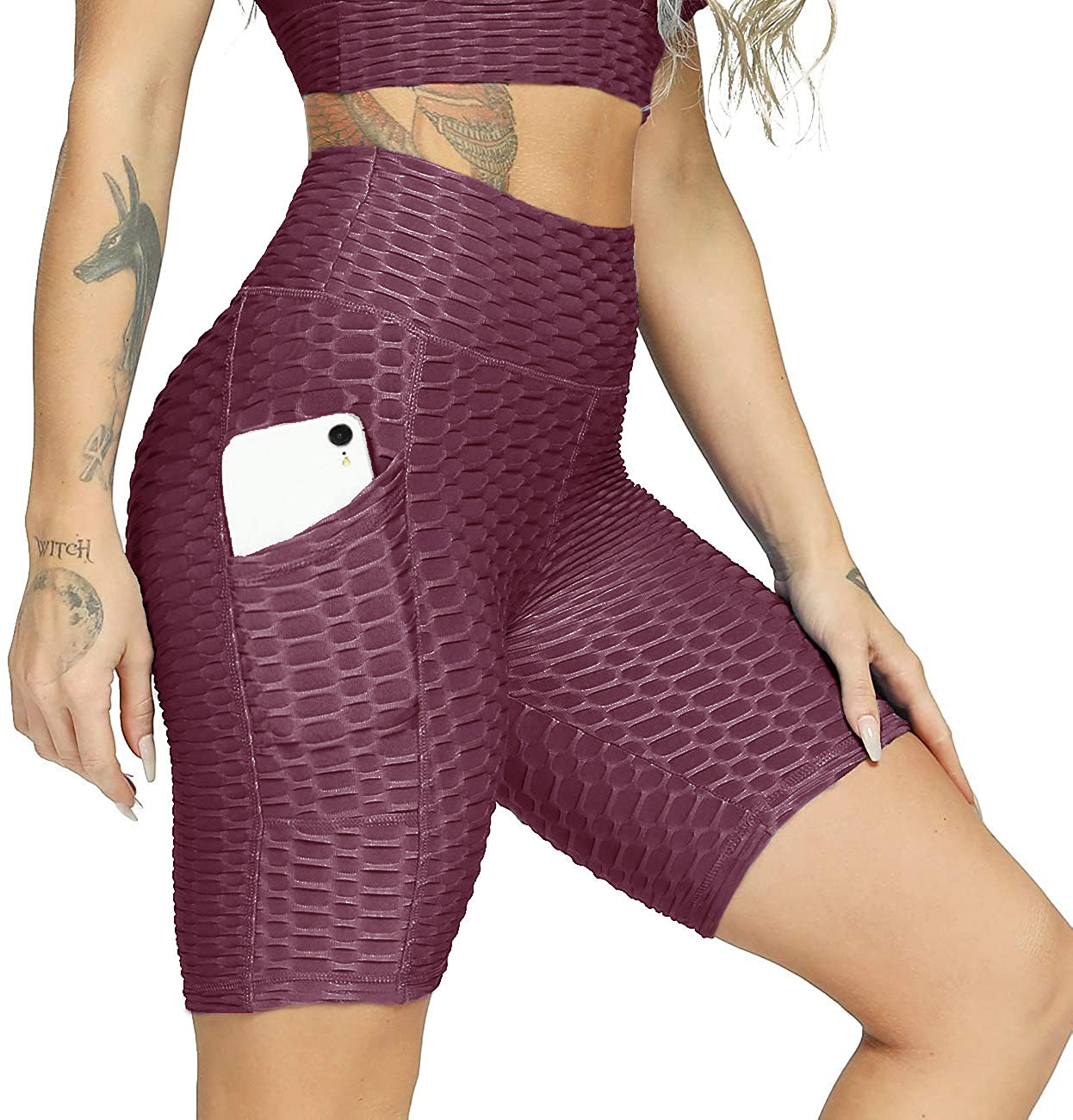 High-End Women's Butt-Lifting Biker Shorts - Solid Color with Pocket