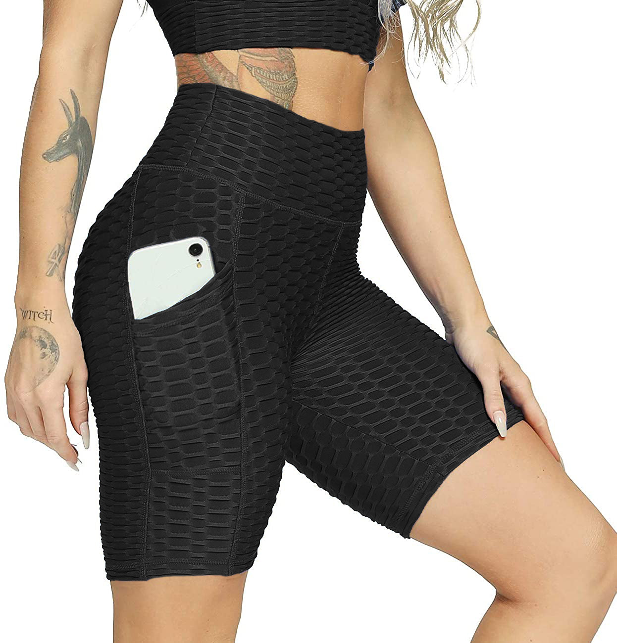 High-End Women's Butt-Lifting Biker Shorts - Solid Color with Pocket