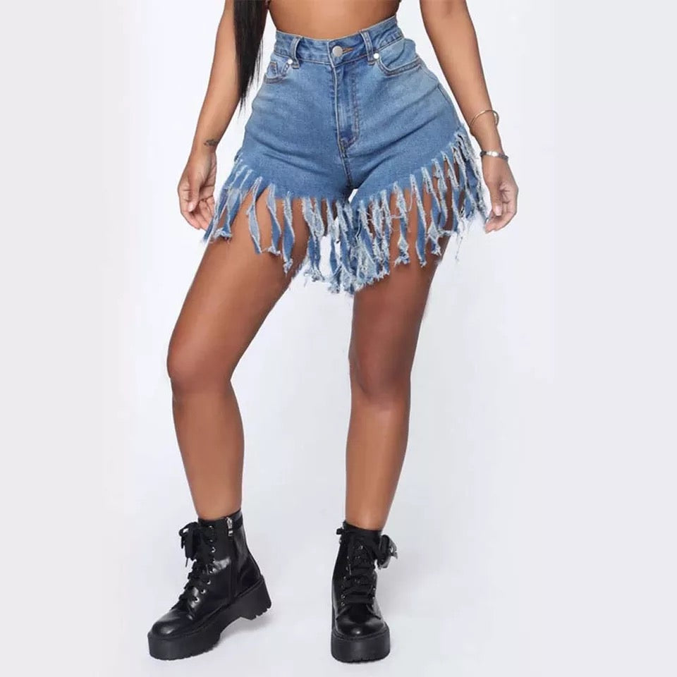 High Waist Fringed Denim Shorts