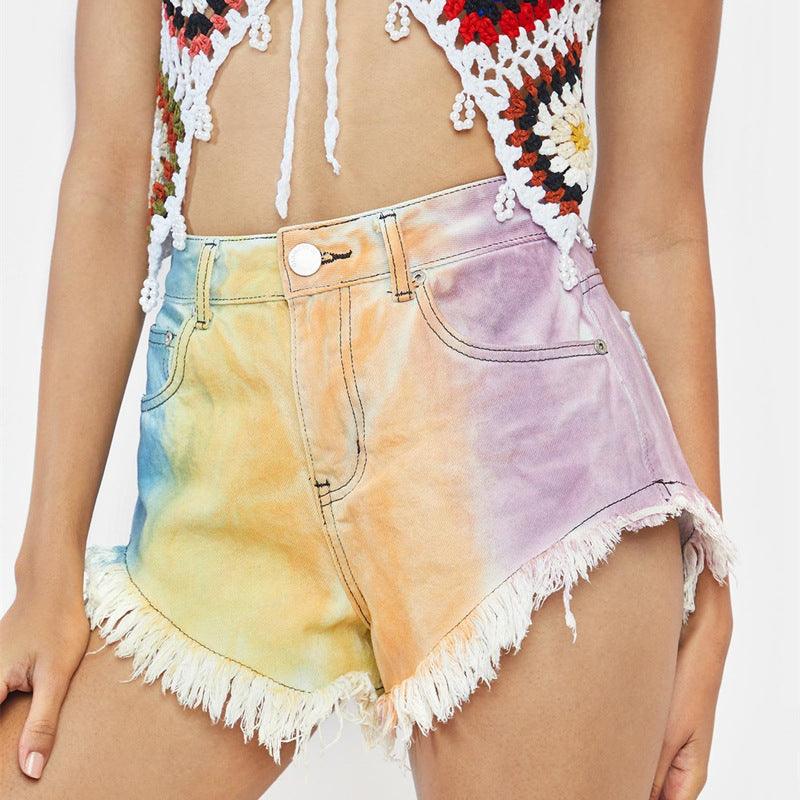 High Waist Fringed Tie Dye Denim Shorts