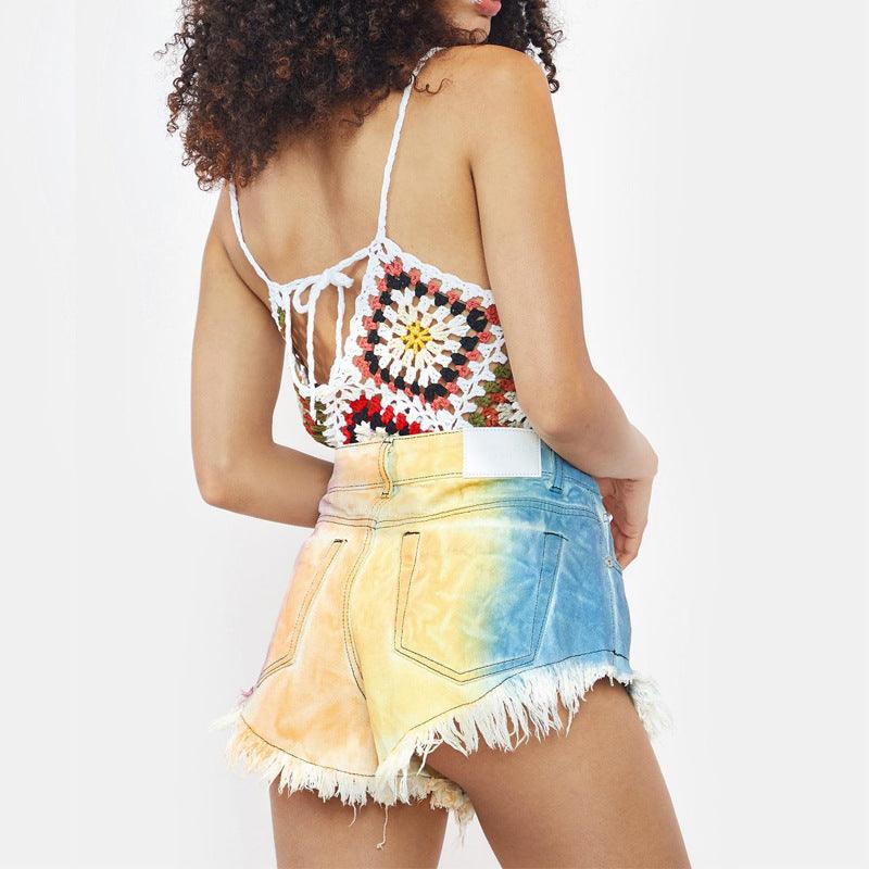 High Waist Fringed Tie Dye Denim Shorts