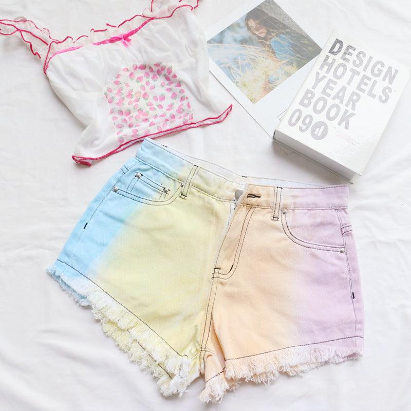 High Waist Fringed Tie Dye Denim Shorts