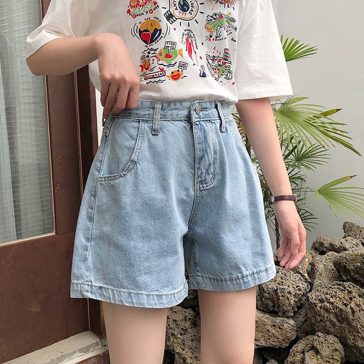 High-Waisted Blue Denim Shorts - Women's Fashion