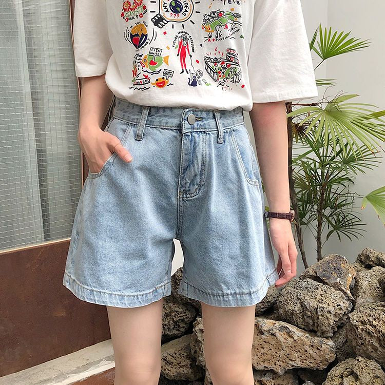 High-Waisted Blue Denim Shorts - Women's Fashion