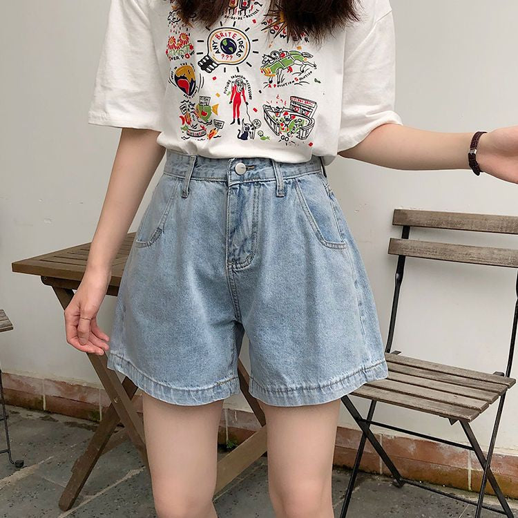 High-Waisted Blue Denim Shorts - Women's Fashion