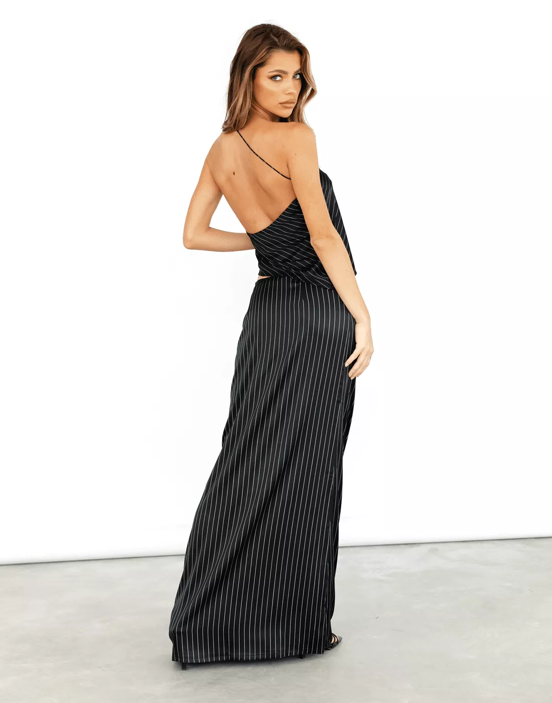 Hudson Satin Maxi Skirt - Black Pinstripe - Lioness