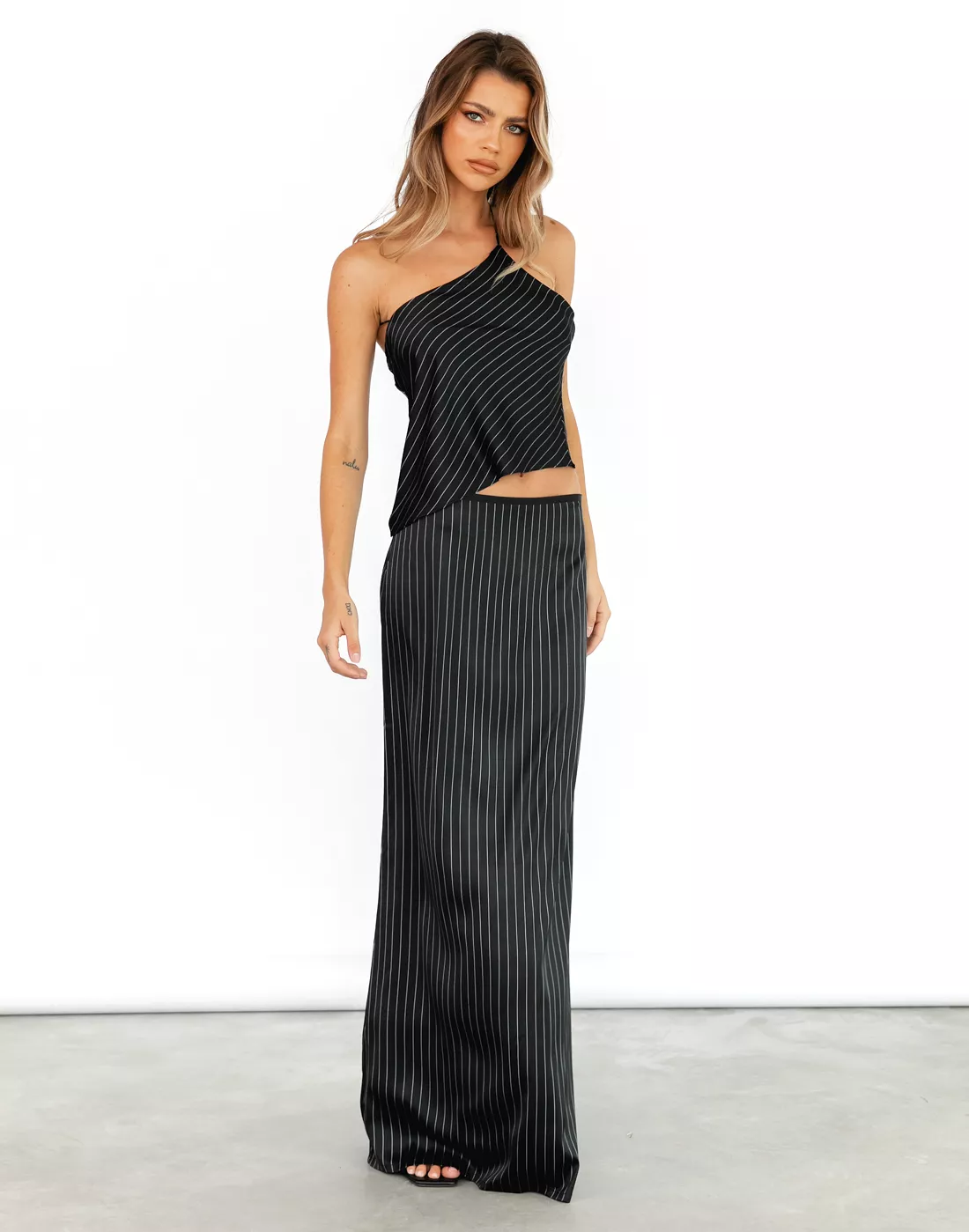 Hudson Satin Maxi Skirt - Black Pinstripe - Lioness