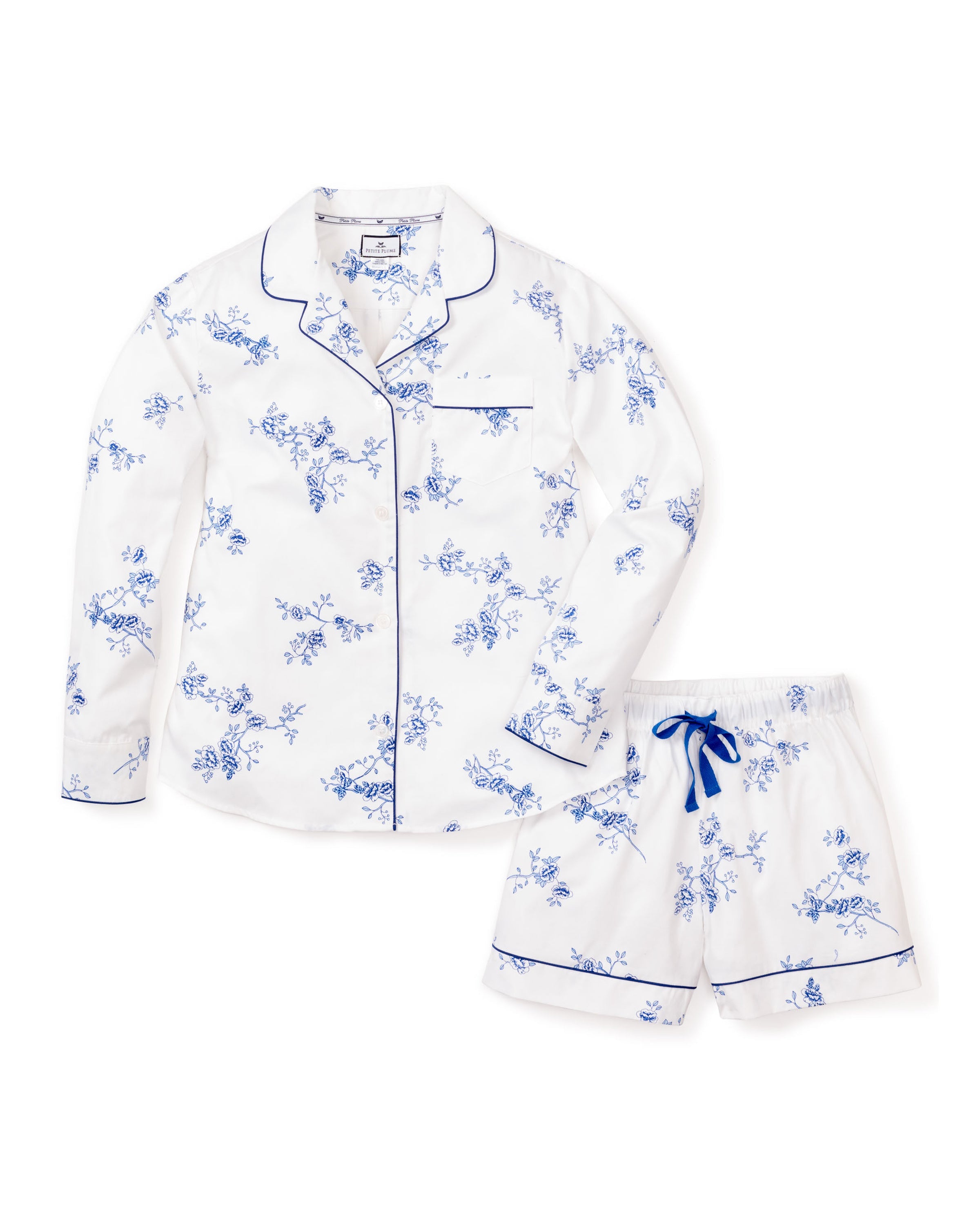 Indigo Floral Twill Long Sleeve Short Set for Women