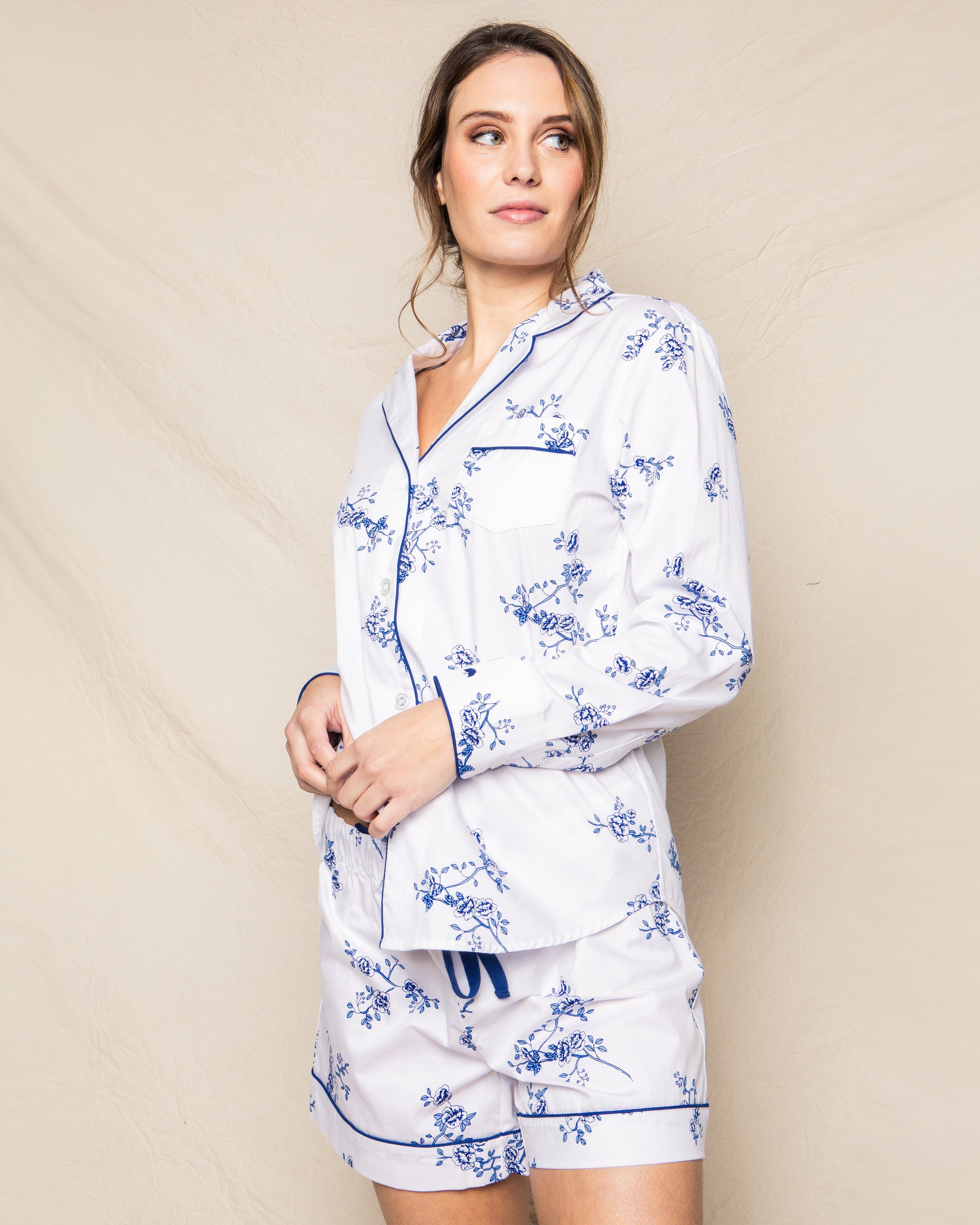 Indigo Floral Twill Long Sleeve Short Set for Women