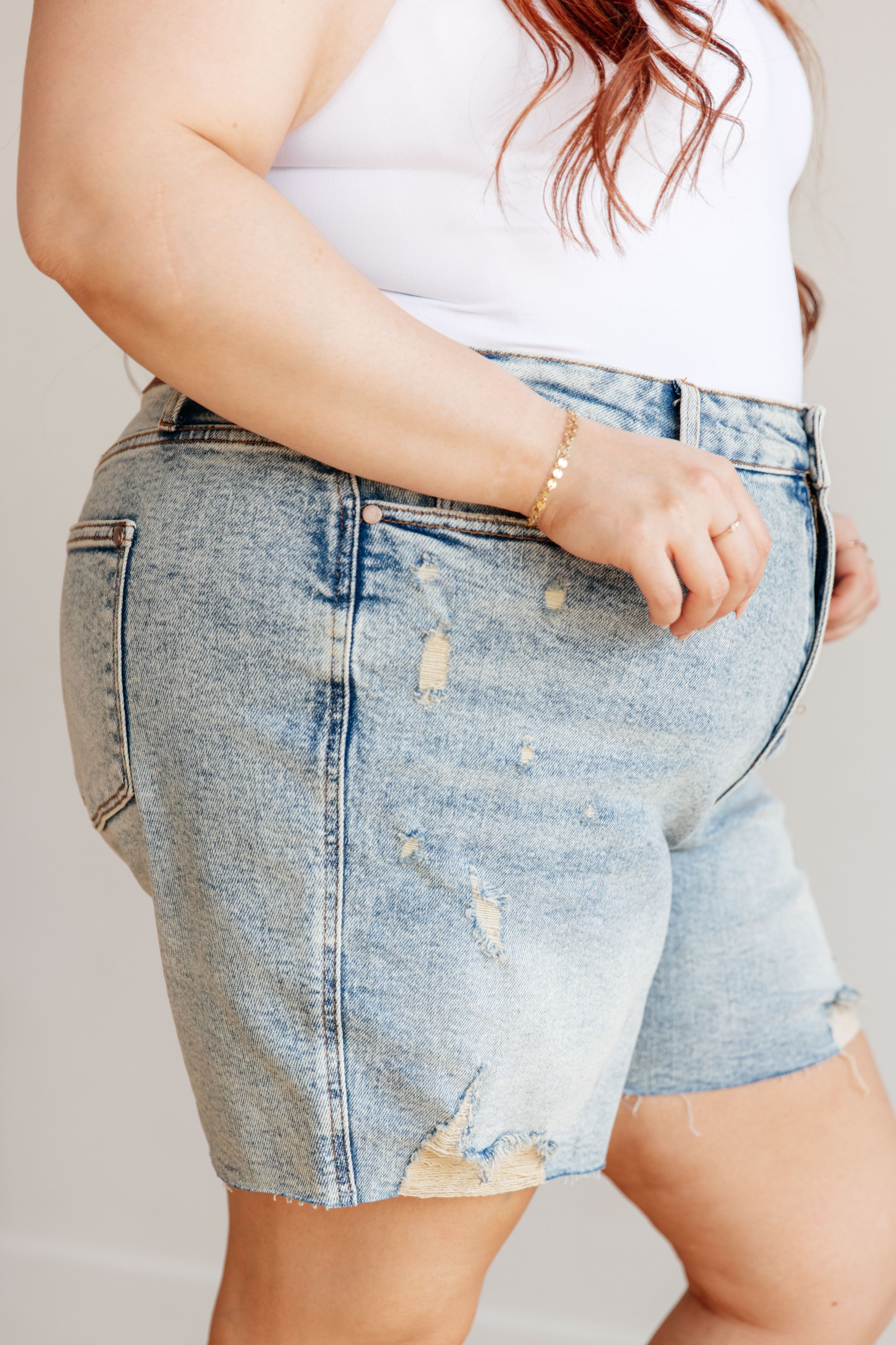 Judy Blue Bobby High Waist Distressed Boyfriend Shorts.