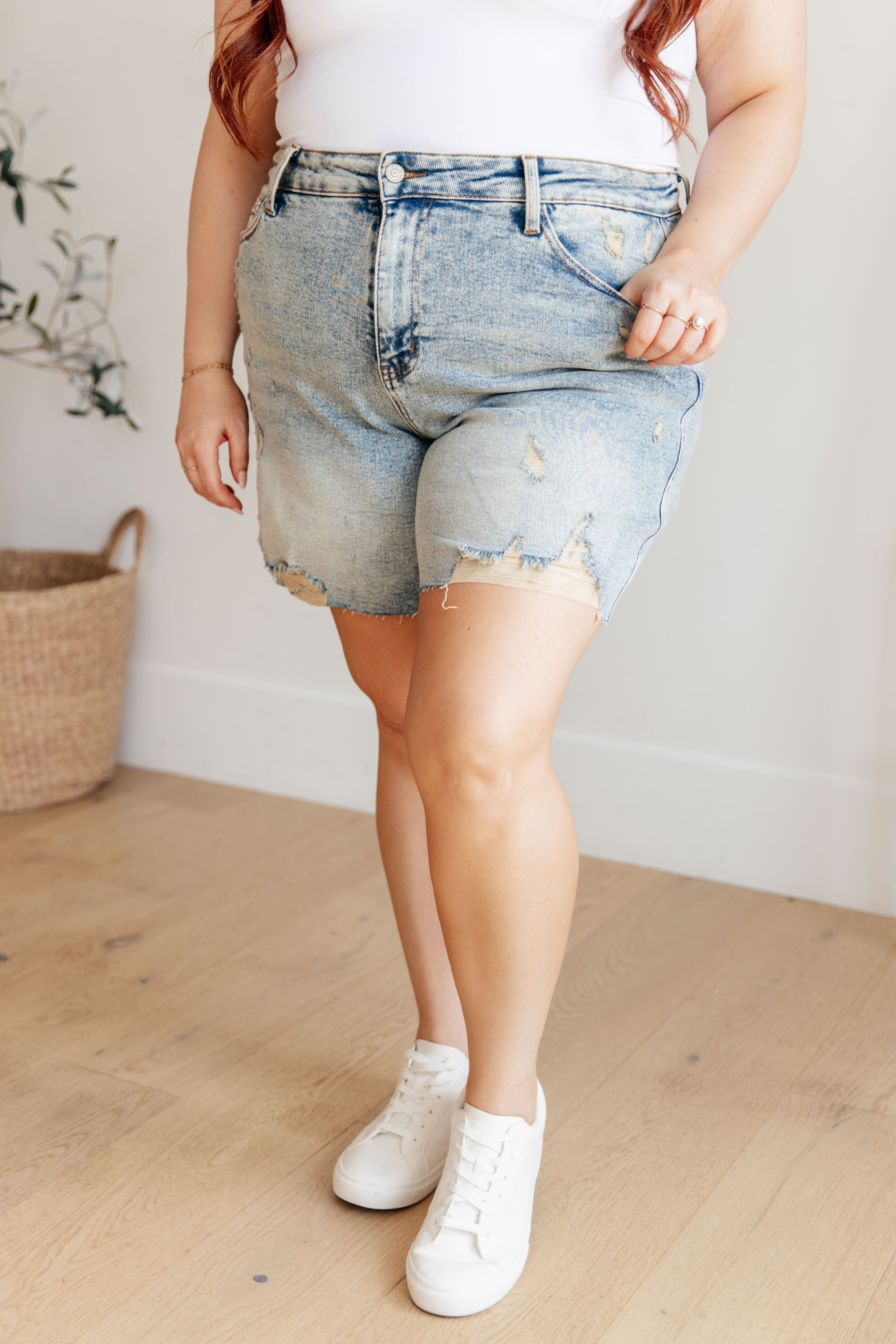 Judy Blue Bobby High Waist Distressed Boyfriend Shorts.