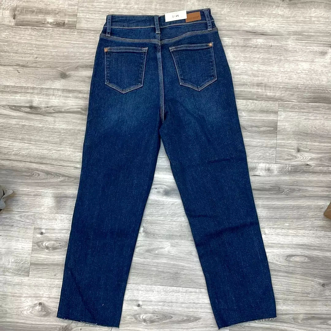 Judy Blue high-waisted cropped straight fit jeans with slit.