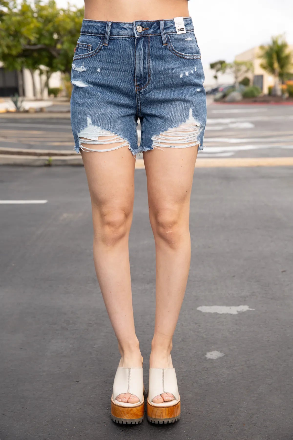 Judy Blue High-Waisted Rigid Denim Shorts with Distressed Fray Hem