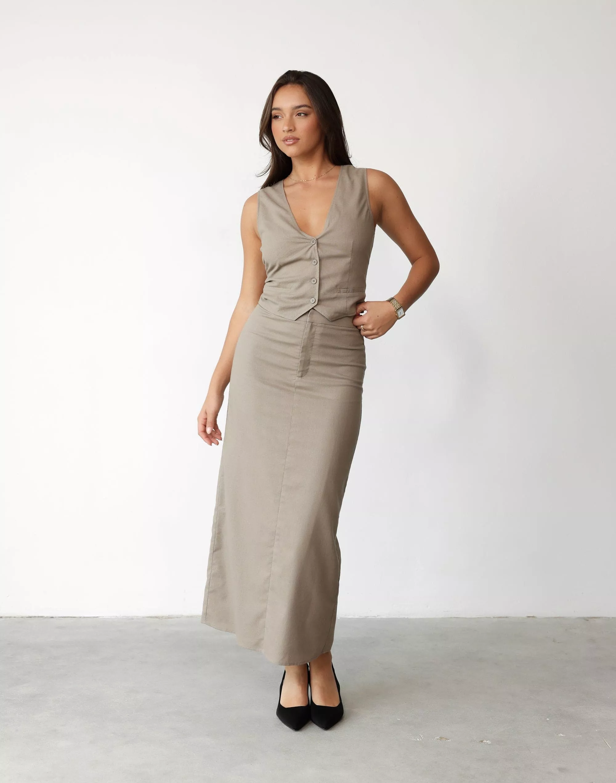 Keanna Linen Maxi Skirt - Stone - Best Price