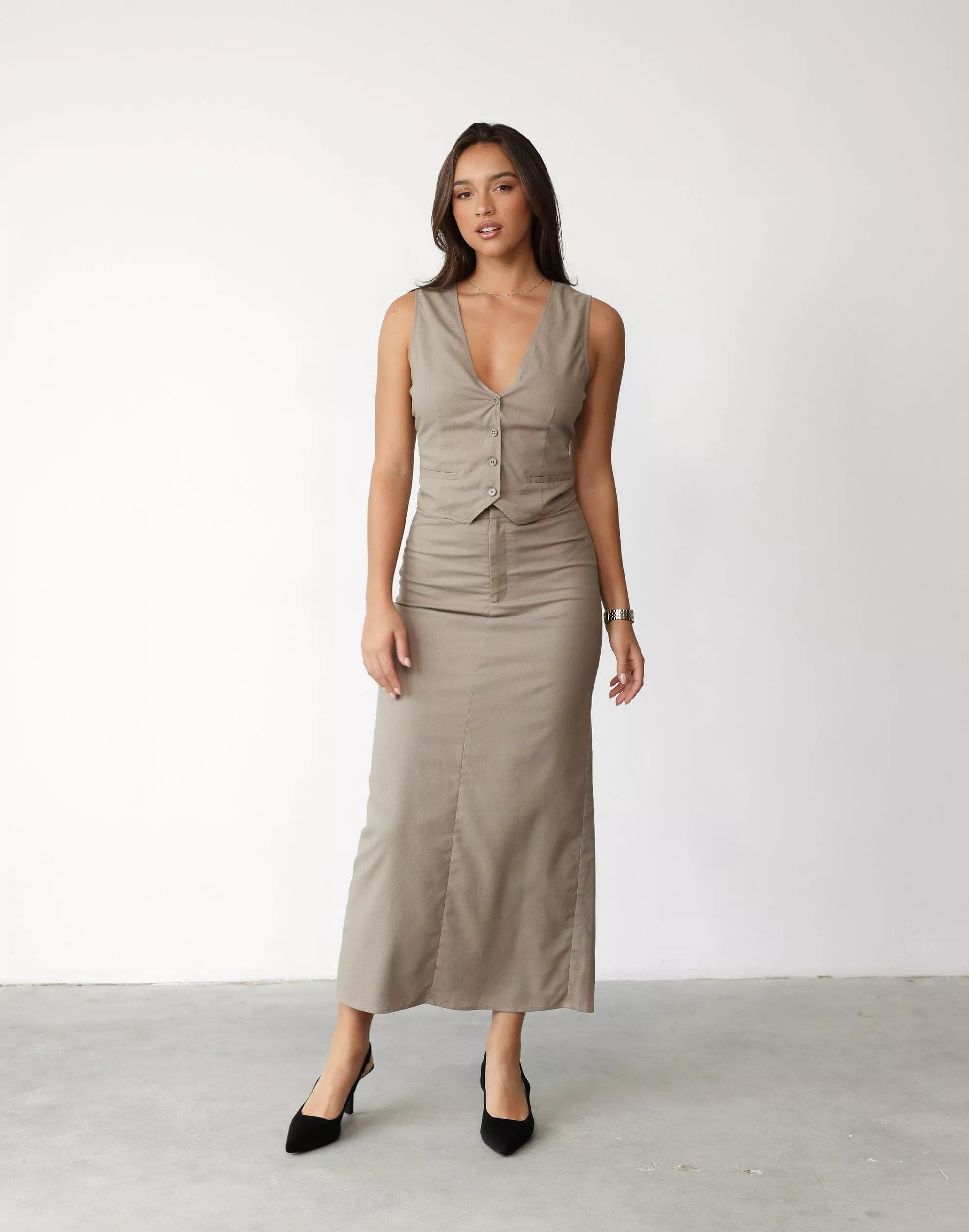 Keanna Linen Maxi Skirt - Stone - Best Price