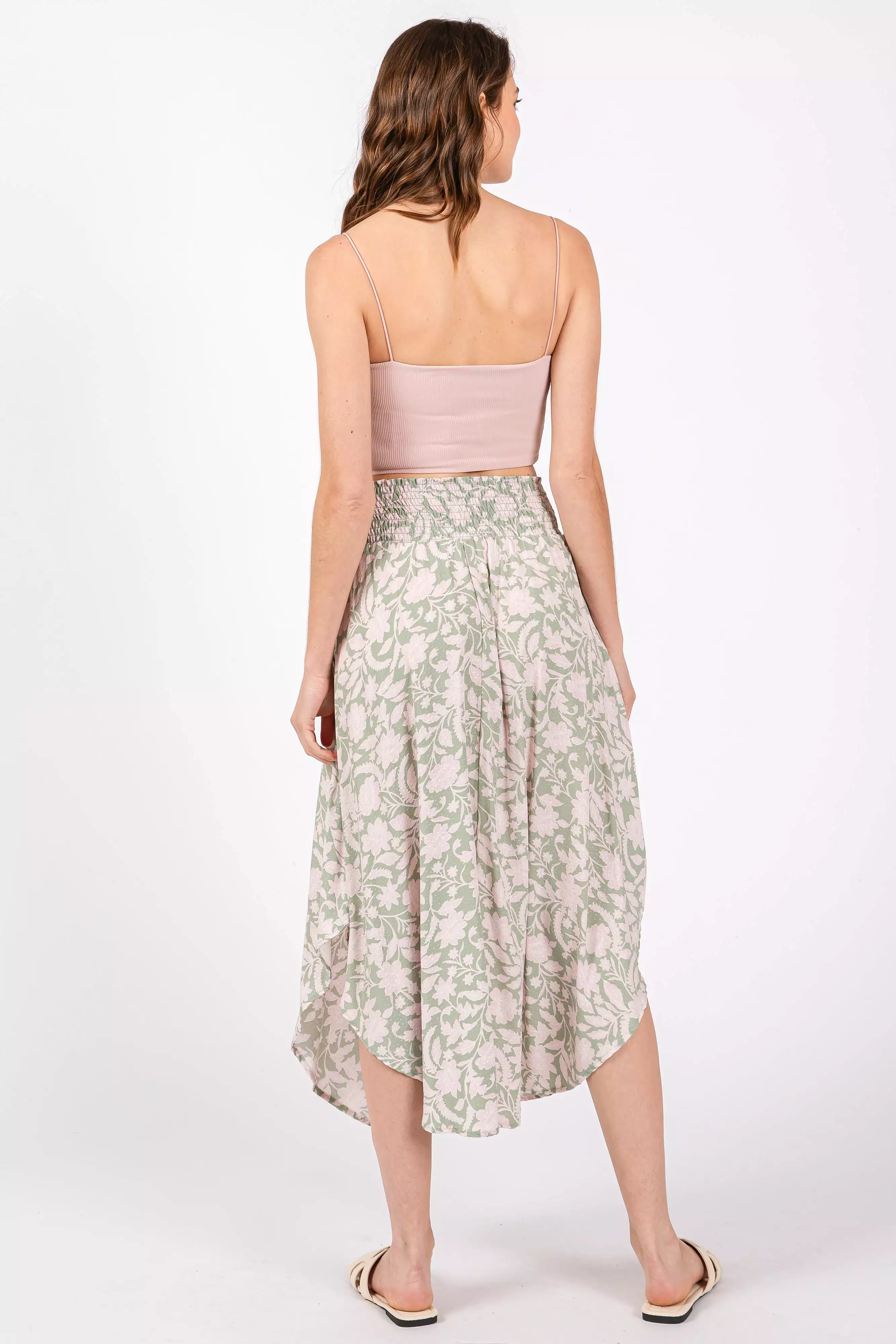 light olive smocked midi skirt with textured dot pattern and round hem