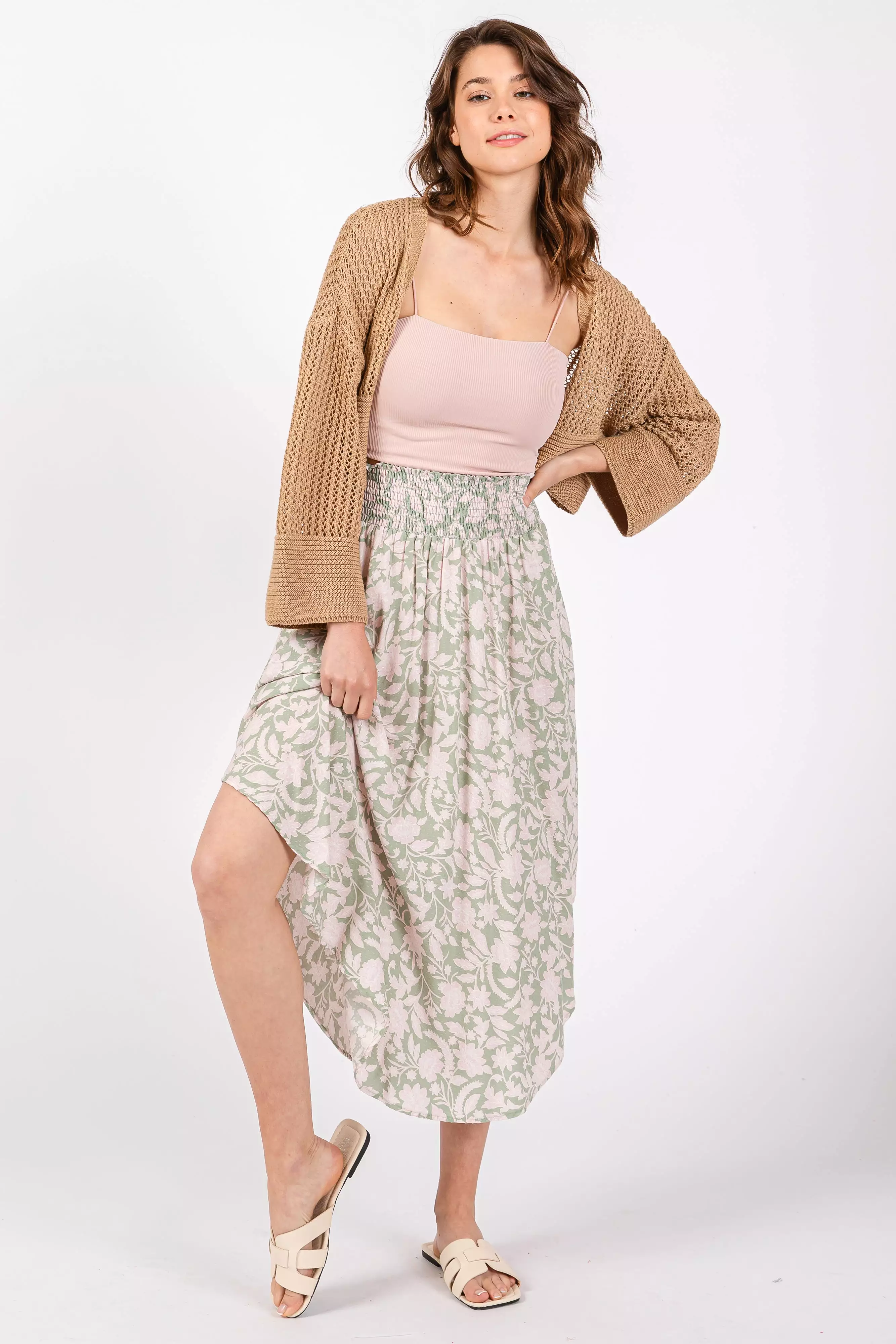 light olive smocked midi skirt with textured dot pattern and round hem