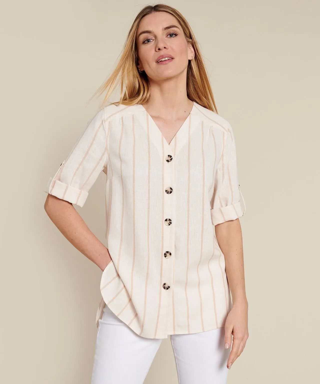 Linen Button Front Striped Blouse