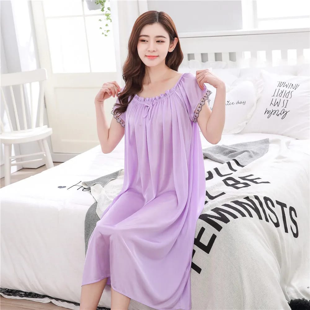 Long Lace Ice Silk Summer Nightgown - Short Sleeve, Loose Fit - Women's Nightdress S2438505