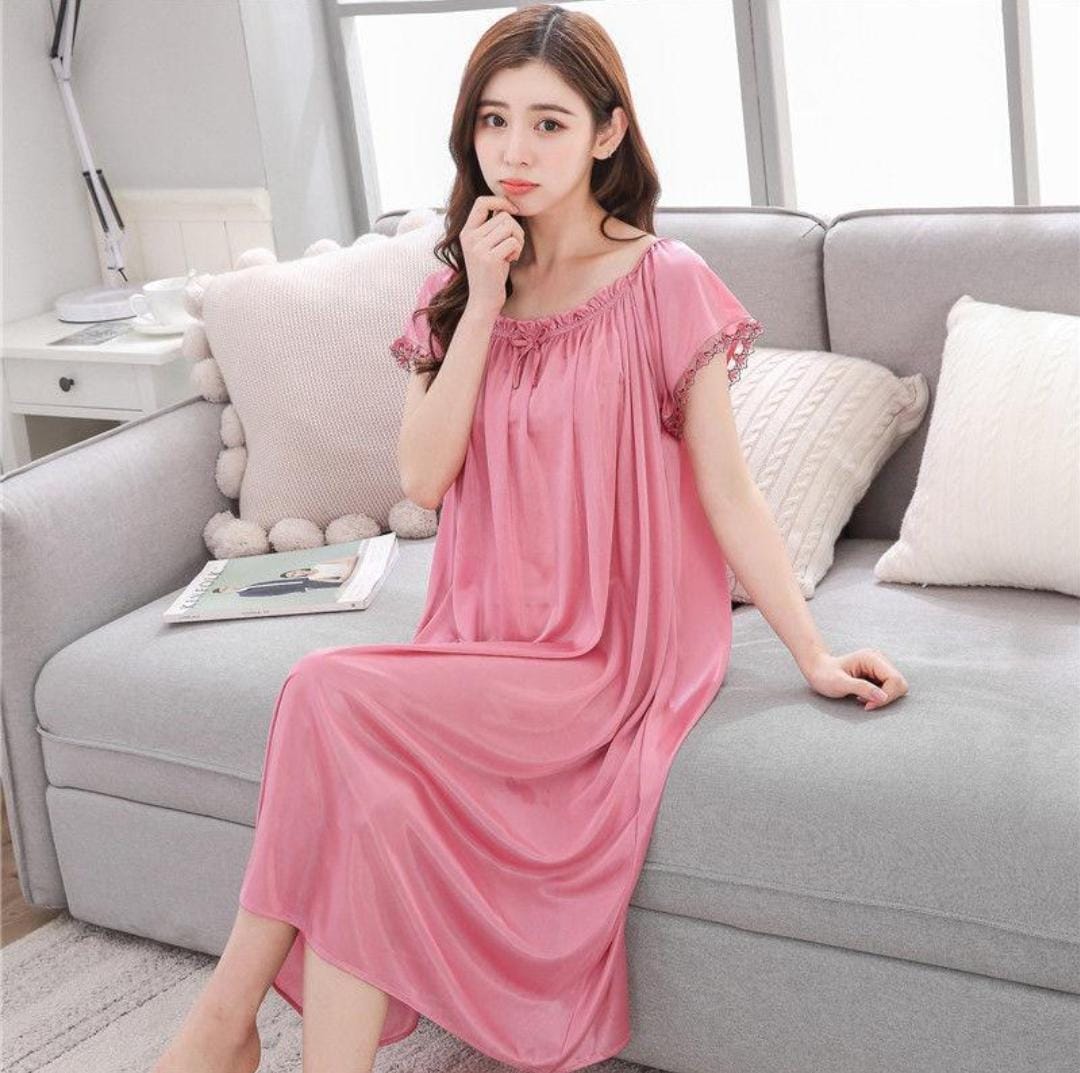 Long Lace Ice Silk Summer Nightgown - Short Sleeve, Loose Fit - Women's Nightdress S2438505