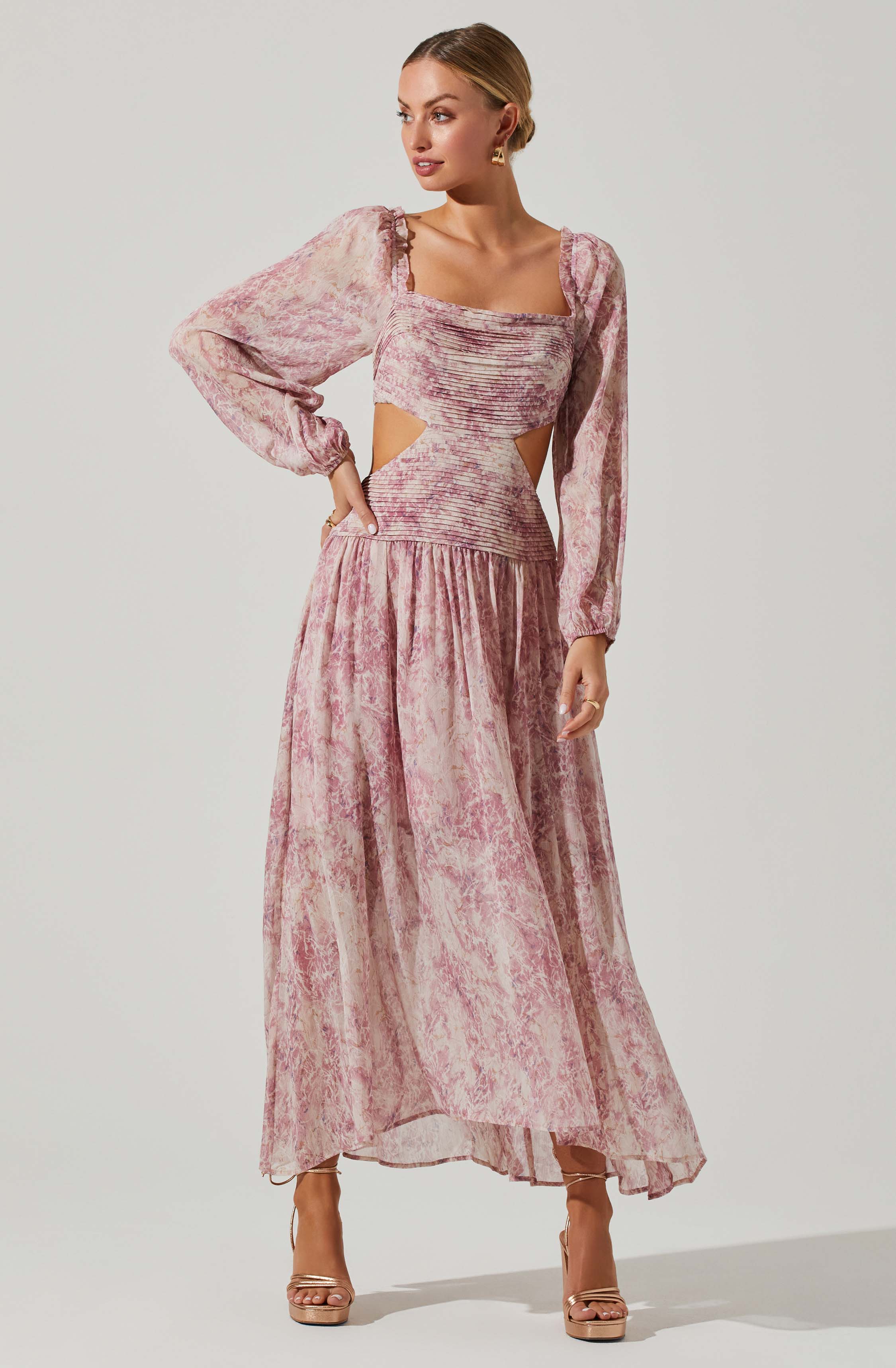 Long Sleeve Maxi Dress with Square Neck and Cutout Detail - Amadora