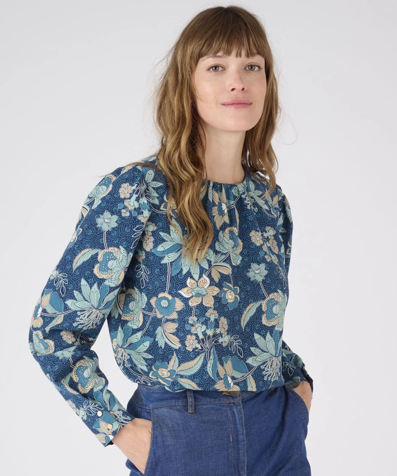 Printed Long-Sleeved Blouse with Neck Detail