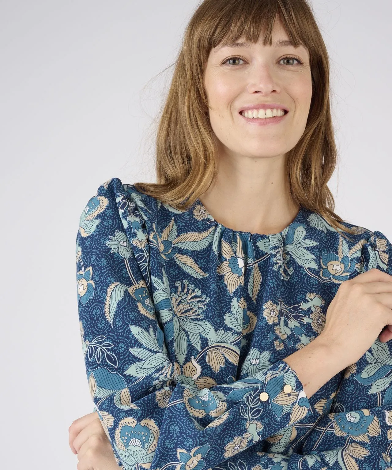 Printed Long-Sleeved Blouse with Neck Detail