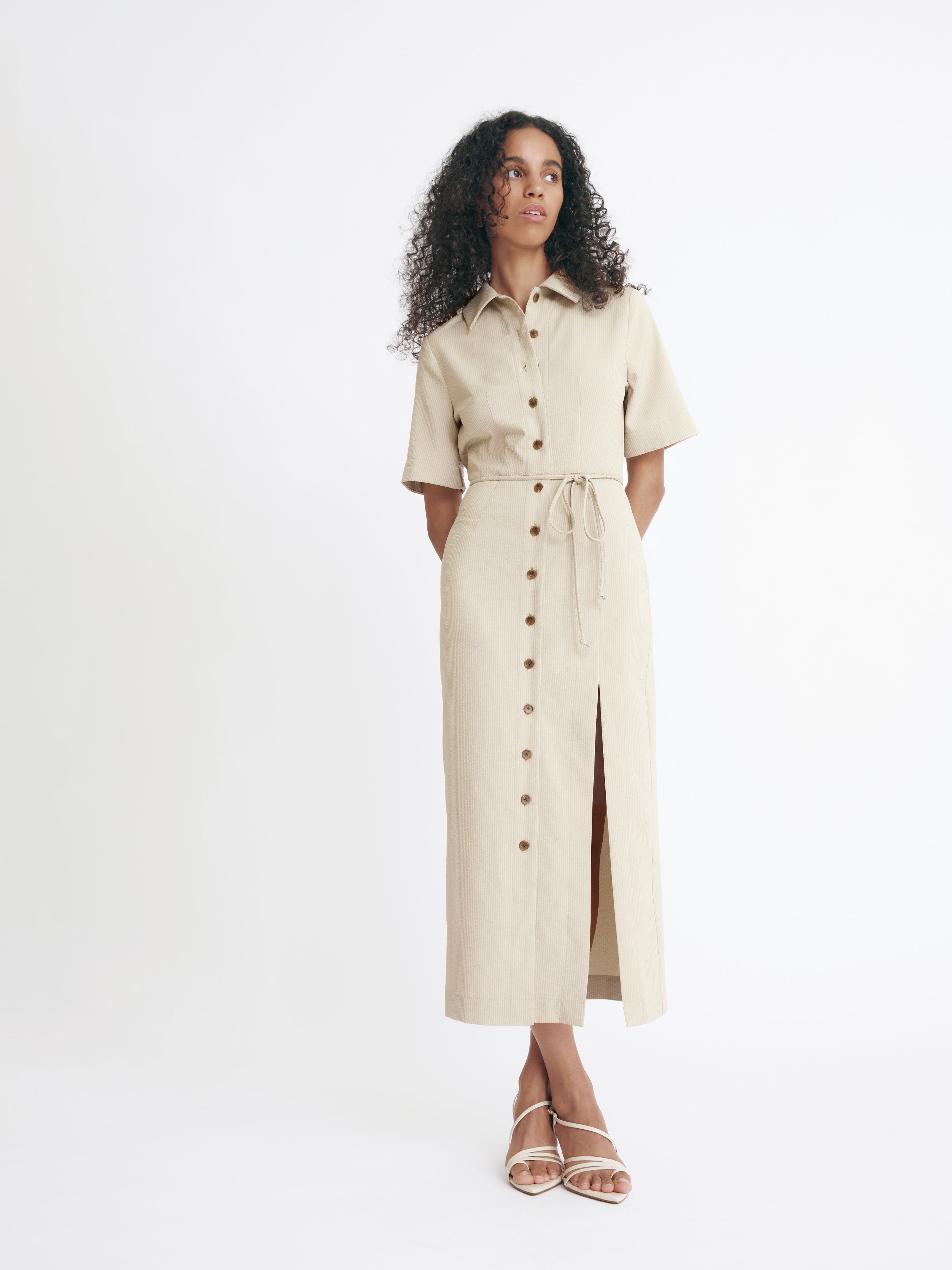 Matthew Bruch Taupe Seersucker Button Up Midi Shirt Dress