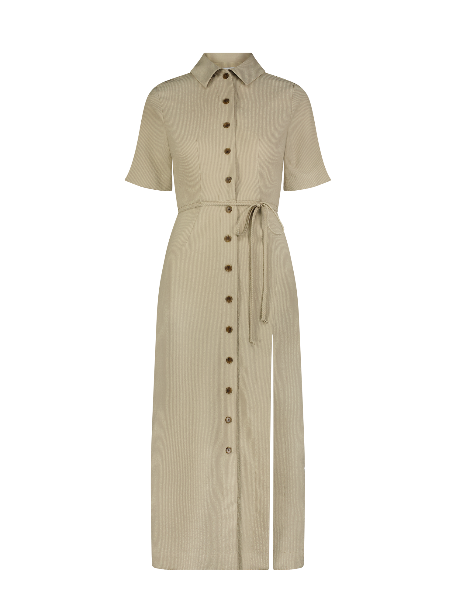 Matthew Bruch Taupe Seersucker Button Up Midi Shirt Dress