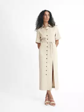 Matthew Bruch Taupe Seersucker Button Up Midi Shirt Dress