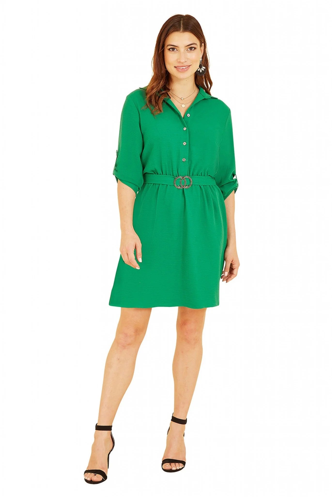 Mela London Green Belted Shirt Dress - Gold Buckle.
