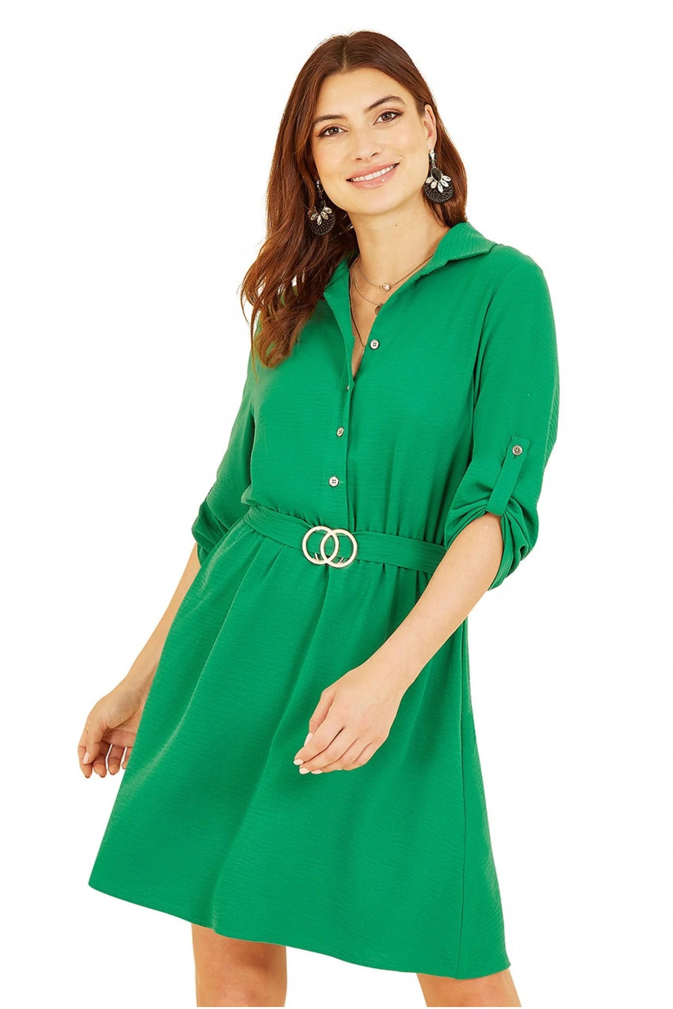 Mela London Green Belted Shirt Dress - Gold Buckle.
