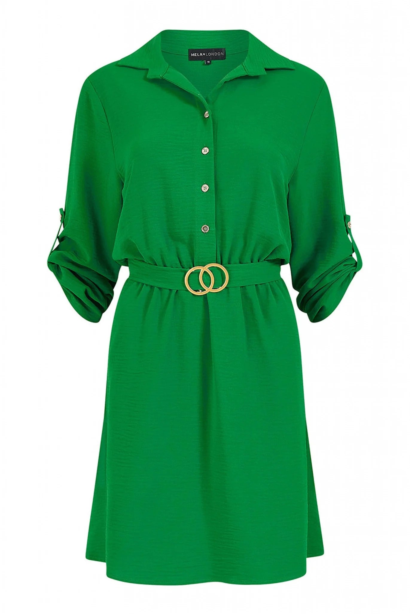 Mela London Green Belted Shirt Dress - Gold Buckle.
