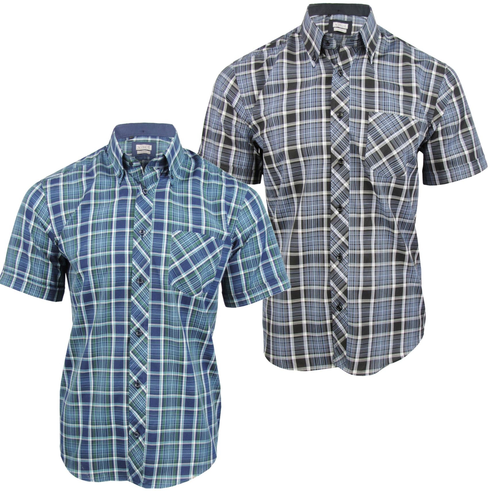 Mens Short Sleeve Check Shirt Button Down Collar Slim Fit - Xact