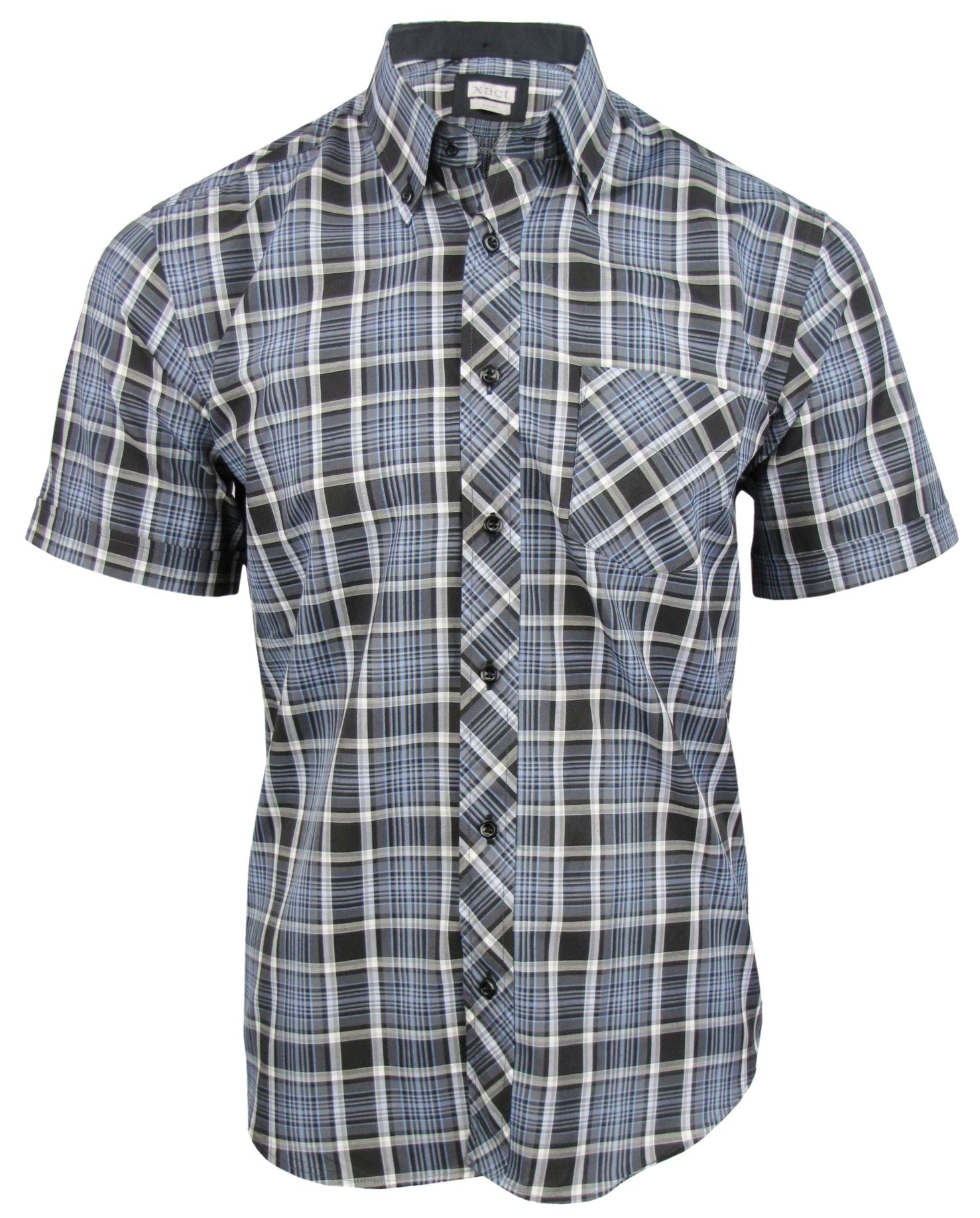 Mens Short Sleeve Check Shirt Button Down Collar Slim Fit - Xact