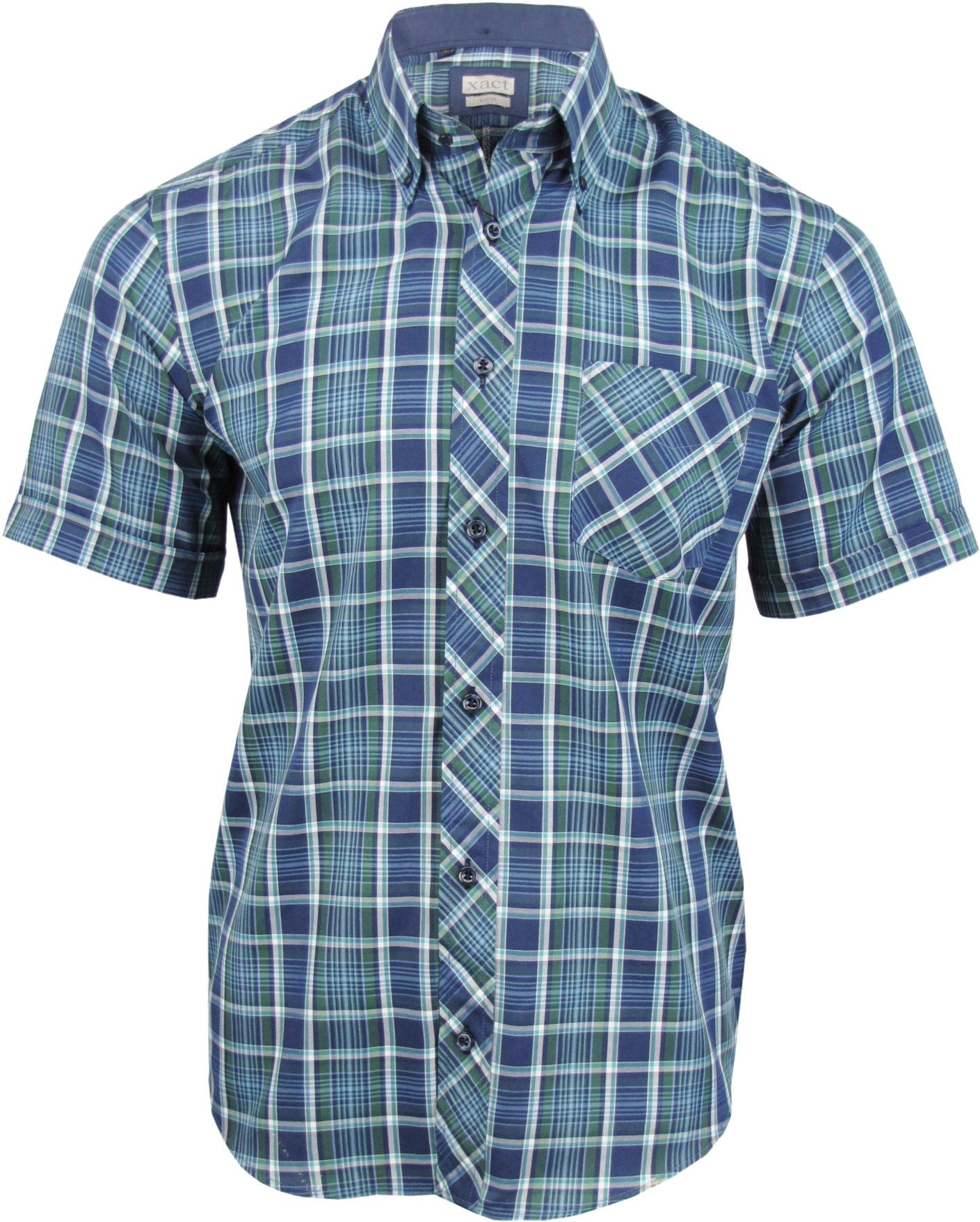 Mens Short Sleeve Check Shirt Button Down Collar Slim Fit - Xact