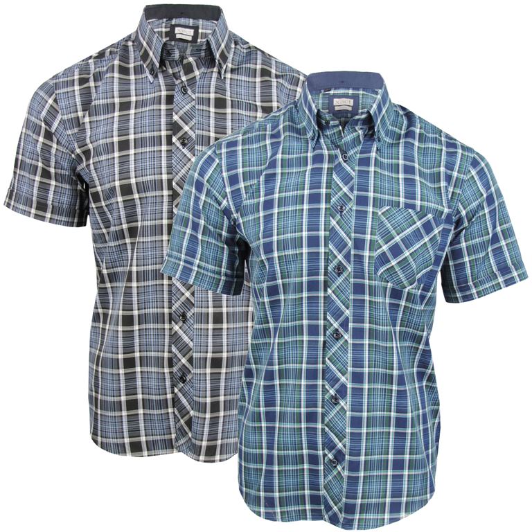 Mens Short Sleeve Check Shirt Button Down Collar Slim Fit - Xact