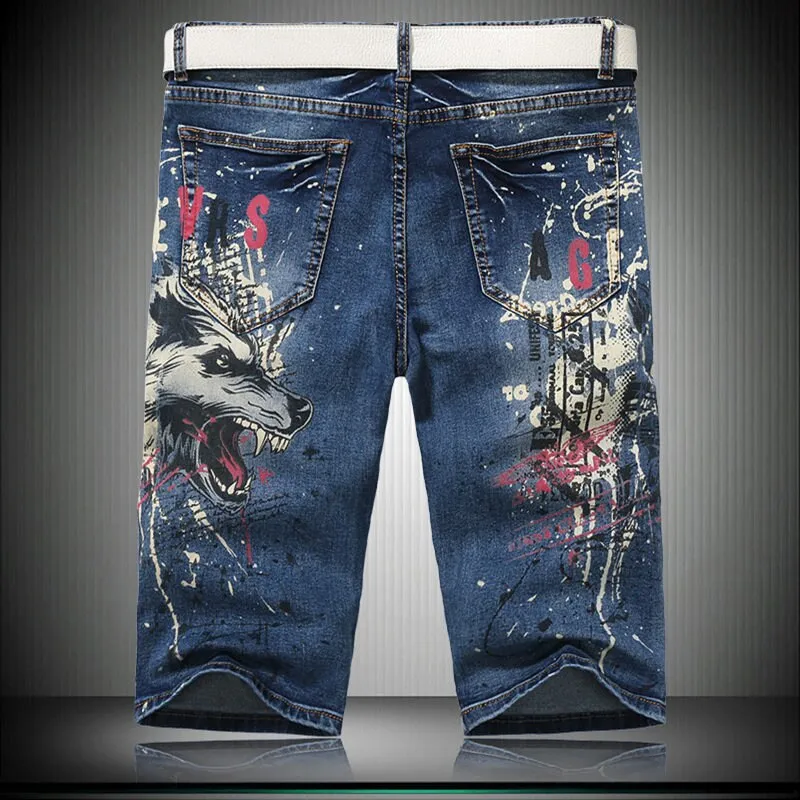 Men's Denim Hip-Hop Printed Knee-Length Clearance Shorts