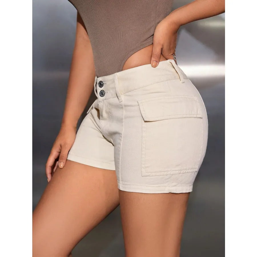 Denim Shorts with Pockets, Mid-Rise Waist