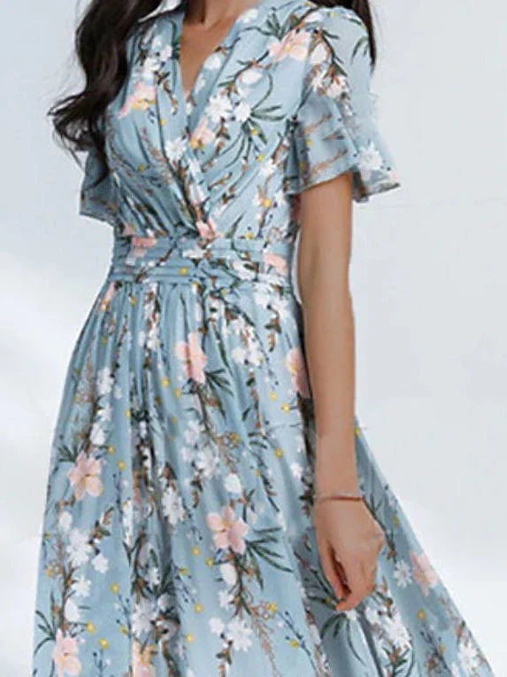 Midi Dress with Short Sleeves - Floral Print Chiffon for Women