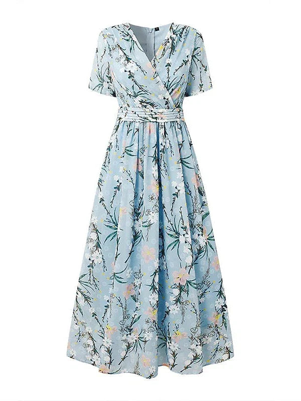 Midi Dress with Short Sleeves - Floral Print Chiffon for Women