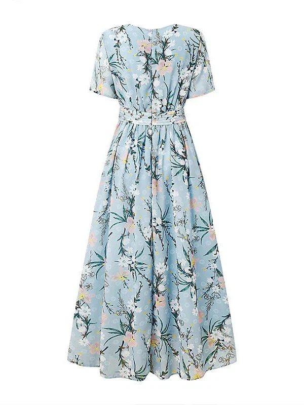 Midi Dress with Short Sleeves - Floral Print Chiffon for Women