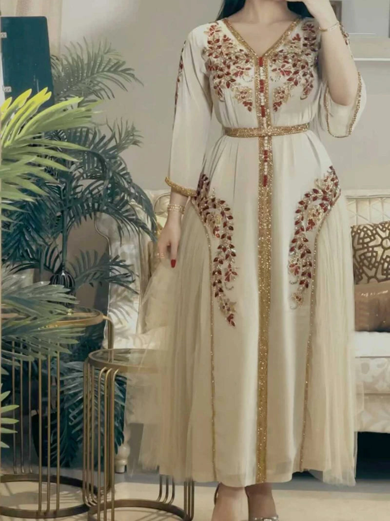 Muslim Abaya Long Dresses Women Wedding Evening Party Dress Elegant Floral Embroidery Lace Belted Kaftan Ramadan X4611753 - Goog