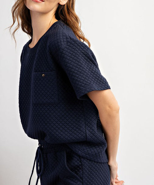 Navy Textured Short Sleeve Top