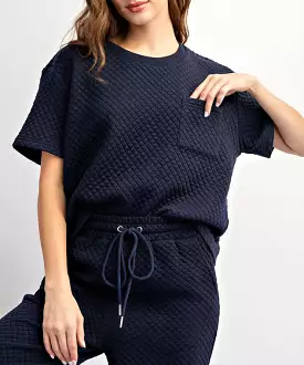 Navy Textured Short Sleeve Top