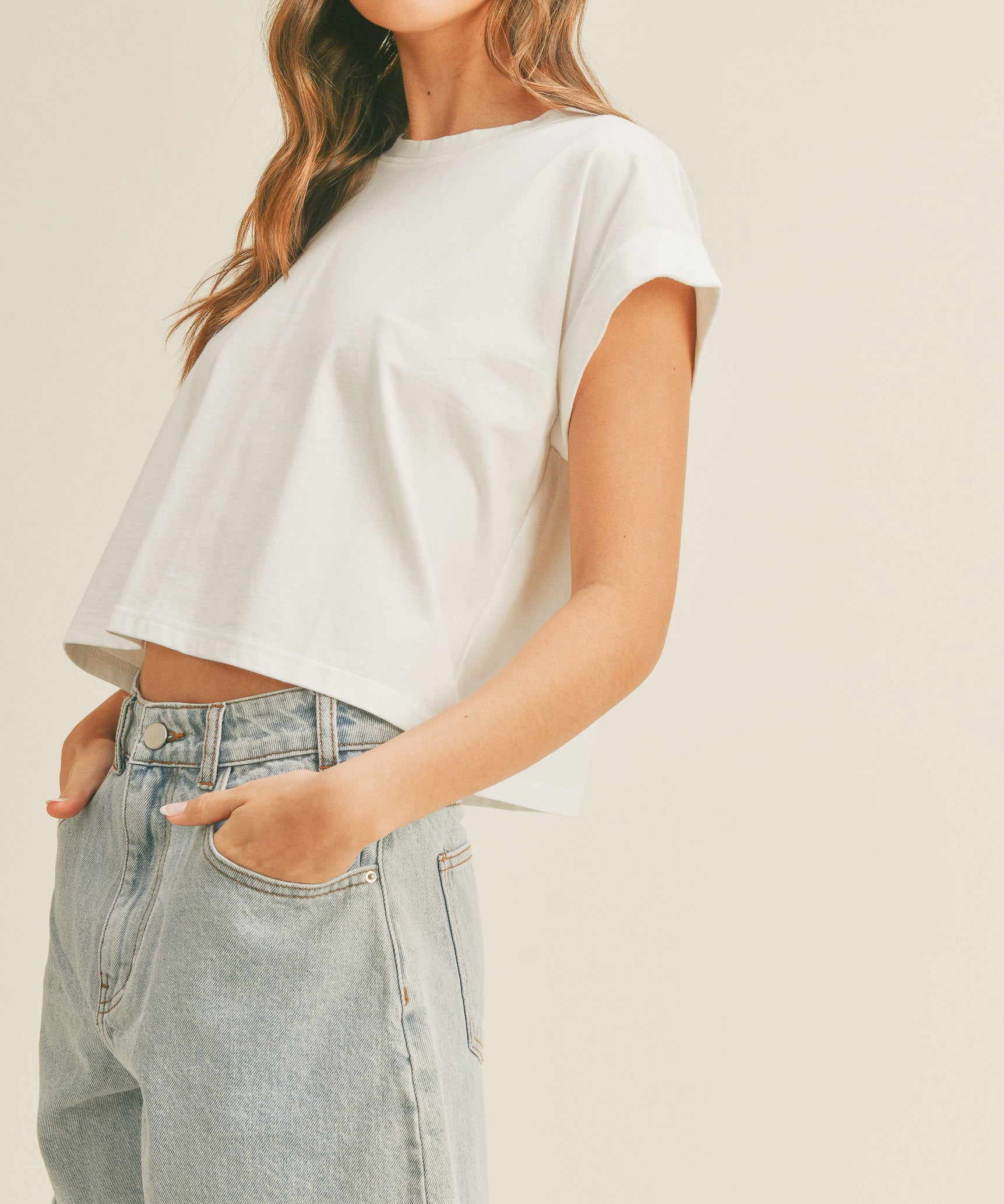 Off White Round Neck Cuffed Sleeve Top