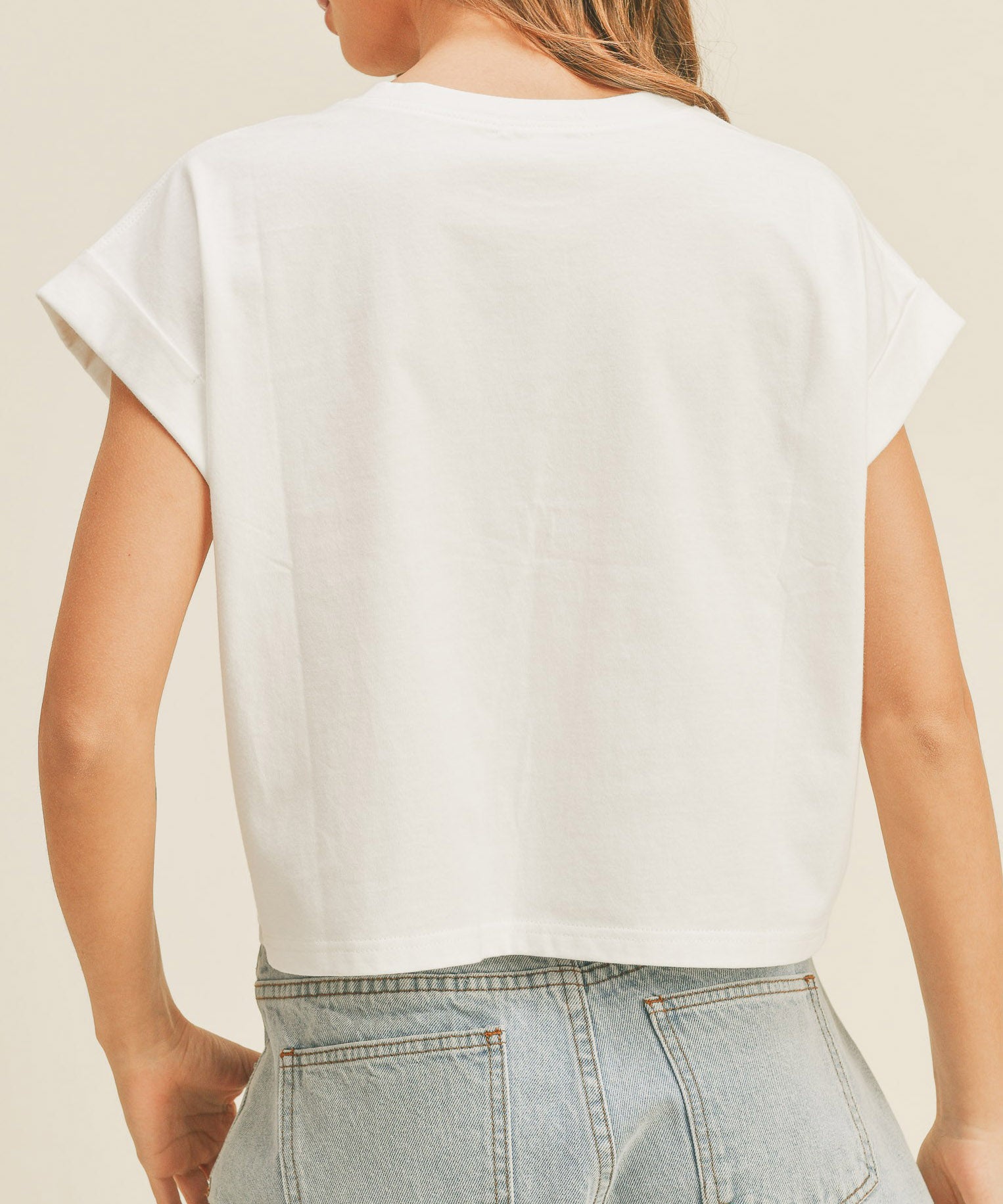 Off White Round Neck Cuffed Sleeve Top