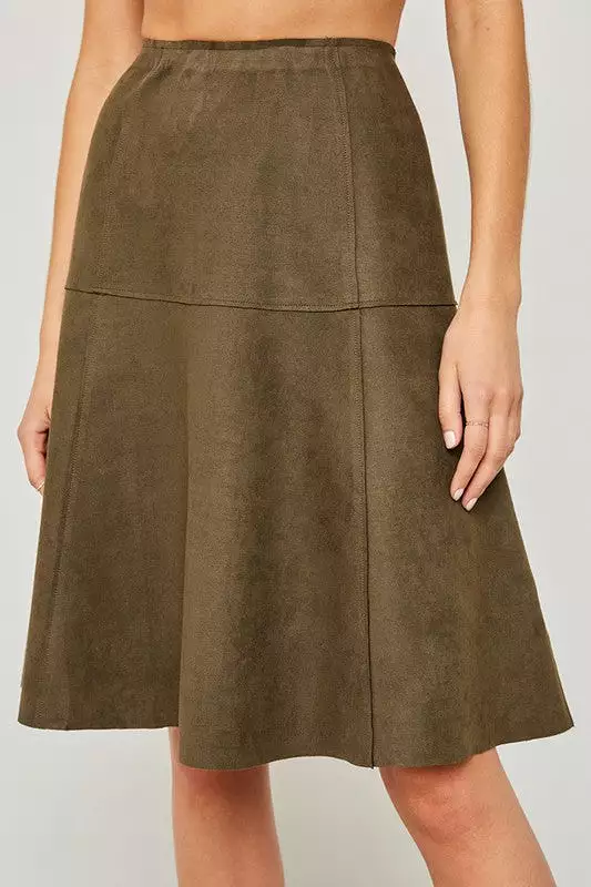 Olive green suede midi skirt with flared silhouette