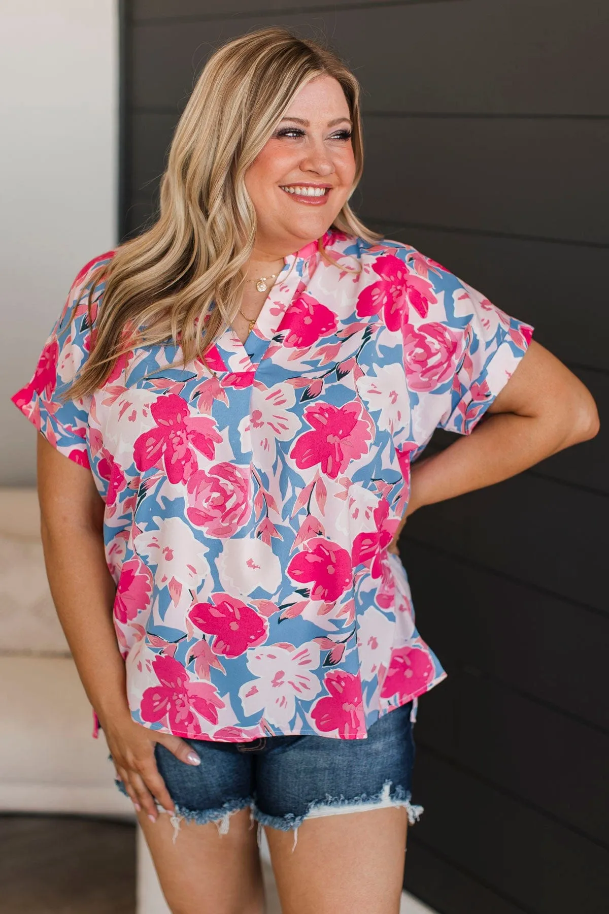 On My Own Time Floral Blouse in Fuchsia & Blue Colors